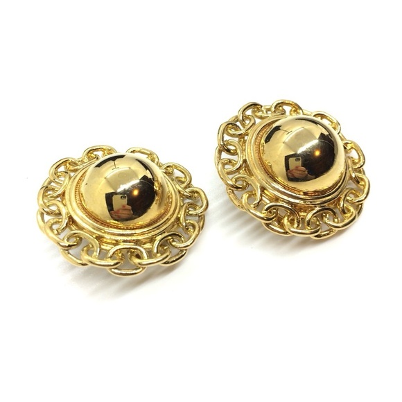 VINTAGE 80S CHAIN LINK GOLD TONE ROUND CLIP ON EARRINGS STATEMENT DOMED LARGE - Picture 9 of 14